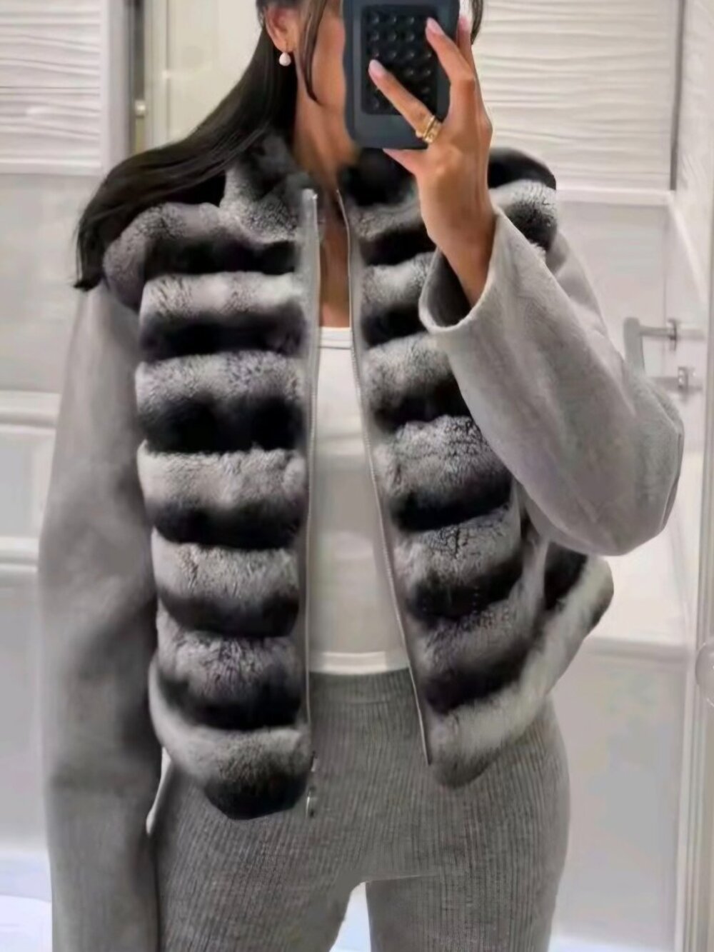 Fashion Panelled Faux Fur Women Stand Collar Coat Female Warm Stripped Jacket